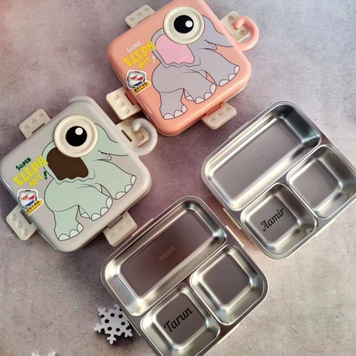 Gray and Poppy Pink Elephant Design Stainless Steel Bento Lunch Boxes – Double Decker, Eco-Friendly, and Perfect for Kids