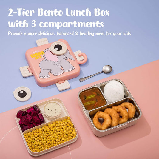 Leak-Proof Compartments of Gray Elephant Stainless Steel Bento Lunch Box – 1190ml Capacity with Spoon