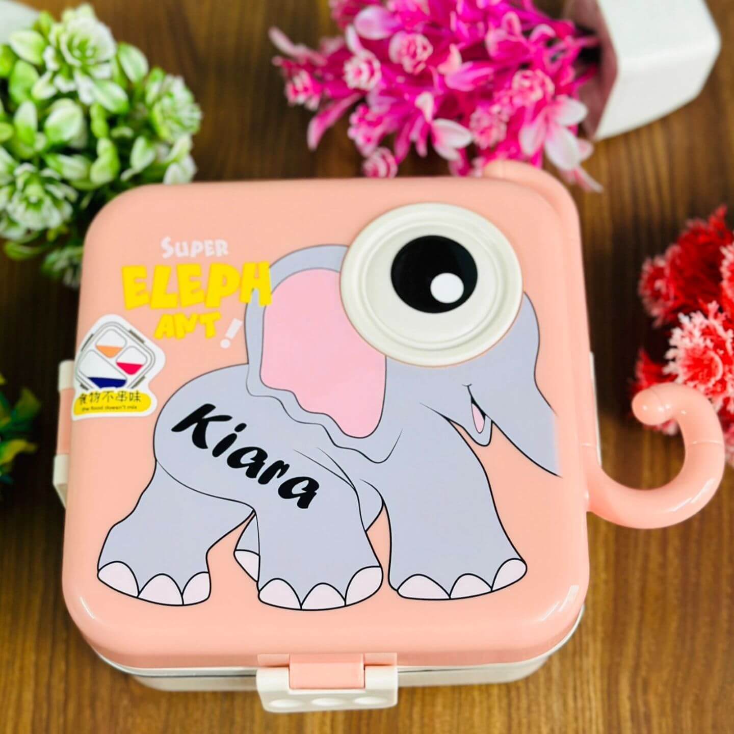 Poppy Pink Elephant-Themed Double Decker Bento Lunch Box – Premium 304 Stainless Steel Tiffin with Spoon for School & Picnics