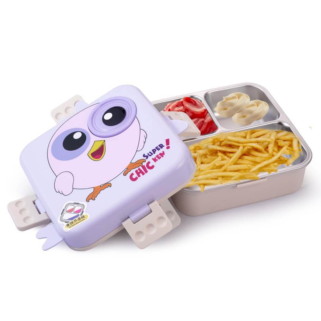 Kids stainless steel bento lunch box in Snow Blue with fun theme and double decker design