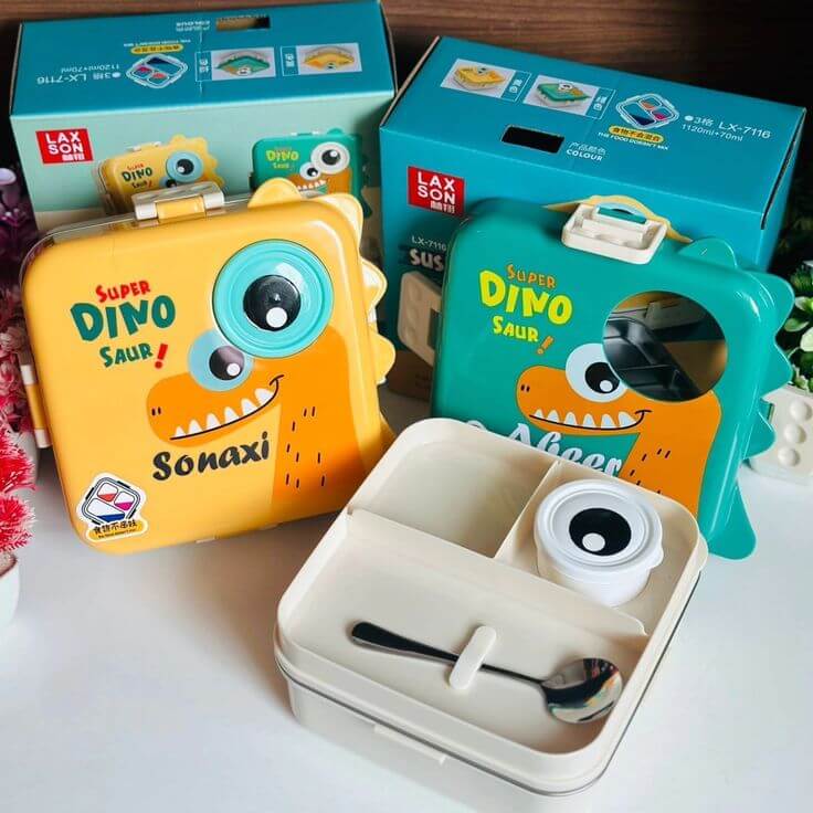 Super Dinosaur Bento Lunch Box in Yellow – Leak-Proof Stainless Steel Tiffin for Kids with Spoon (1120ML + 70ML)