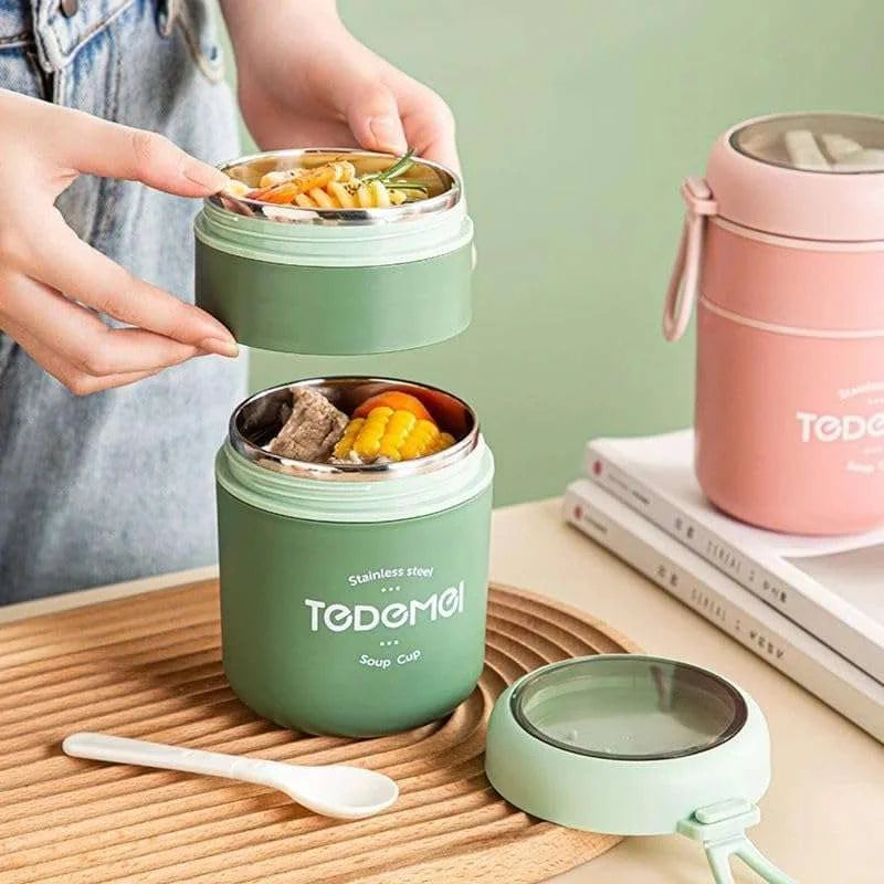 Double level thermal insulated stainless steel food container for hot meals