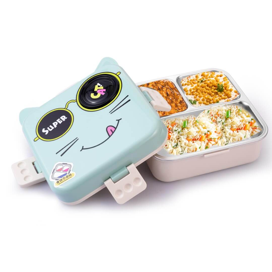 Adorable Ice Blue 3D Cat Shaped Bento Lunch Box – BPA-free, leak-proof stainless steel lunch box with cutlery set, perfect for school and office (1120ML + 70ML)