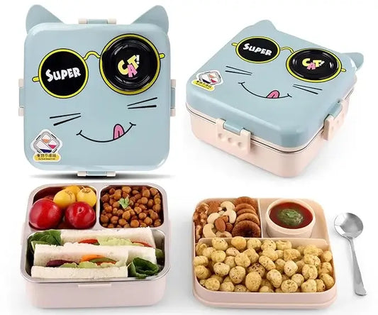 Adorable Ice Blue 3D Cat Shaped Bento Lunch Box – BPA-free, leak-proof stainless steel lunch box with cutlery set, perfect for school and office (1120ML + 70ML)