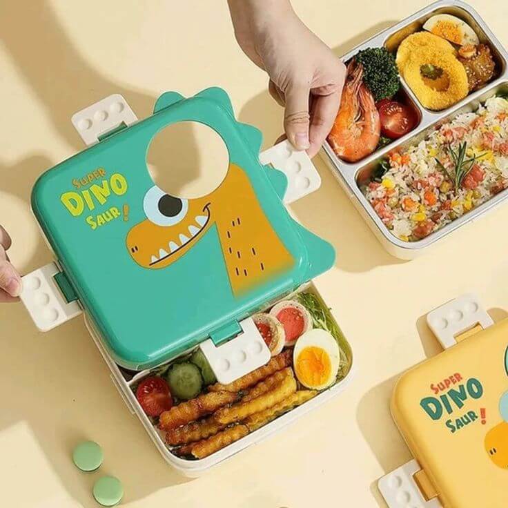 Green Dinosaur Lunch Box Opened to Show 3 Leak-Proof Compartments – BPA-Free and Eco-Friendly Design for Kids