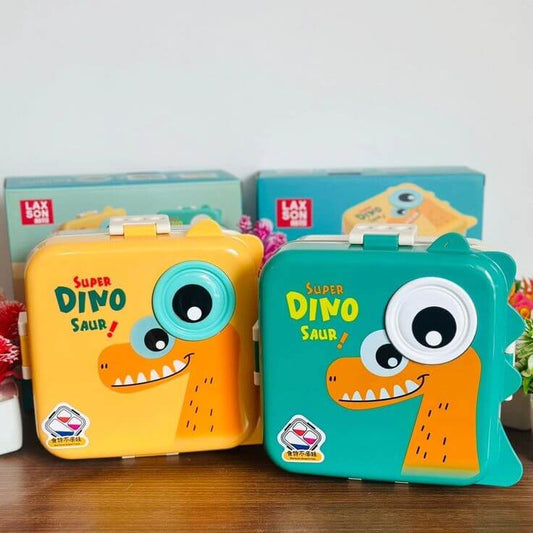 Super Dinosaur Bento Lunch Box in Green – Double Decker Stainless Steel Tiffin with Leak-Proof Compartments (1120ML + 70ML)