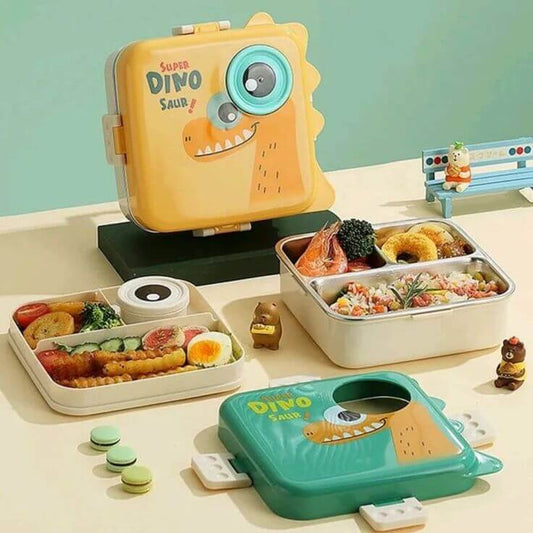 Open Yellow Dinosaur Lunch Box showing 3 Leak-Proof Compartments and Spoon – BPA-Free Stainless Steel for School or Picnics